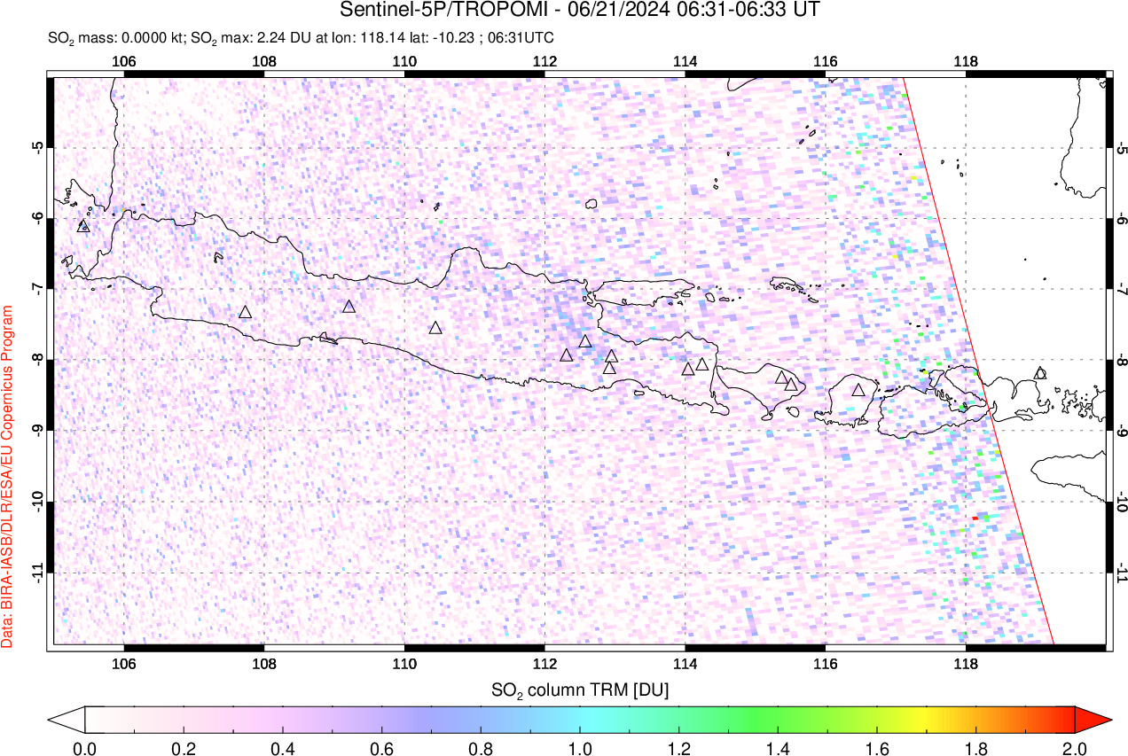 A sulfur dioxide image over Java, Indonesia on Jun 21, 2024.