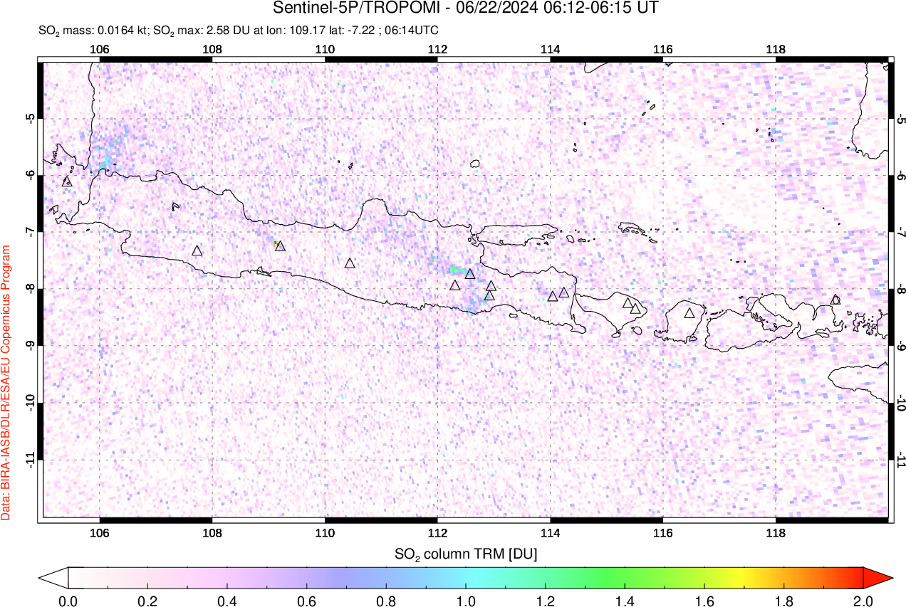 A sulfur dioxide image over Java, Indonesia on Jun 22, 2024.