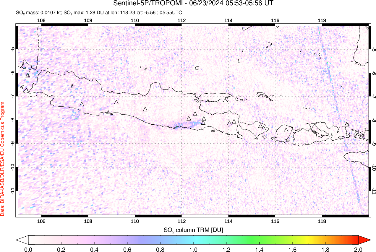 A sulfur dioxide image over Java, Indonesia on Jun 23, 2024.