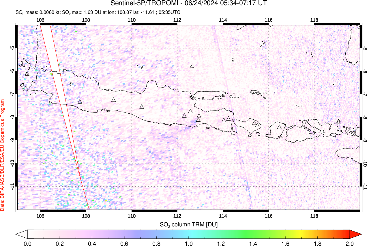 A sulfur dioxide image over Java, Indonesia on Jun 24, 2024.