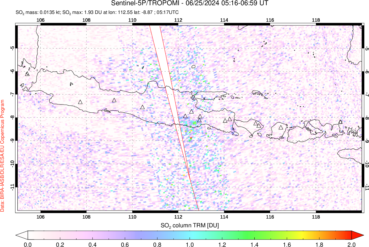 A sulfur dioxide image over Java, Indonesia on Jun 25, 2024.