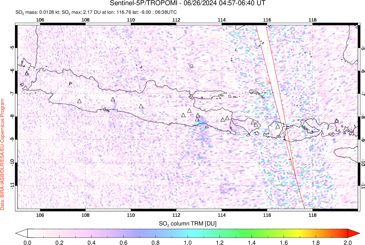 A sulfur dioxide image over Java, Indonesia on Jun 26, 2024.