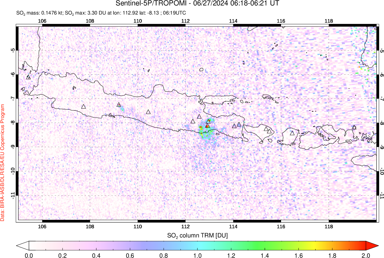 A sulfur dioxide image over Java, Indonesia on Jun 27, 2024.