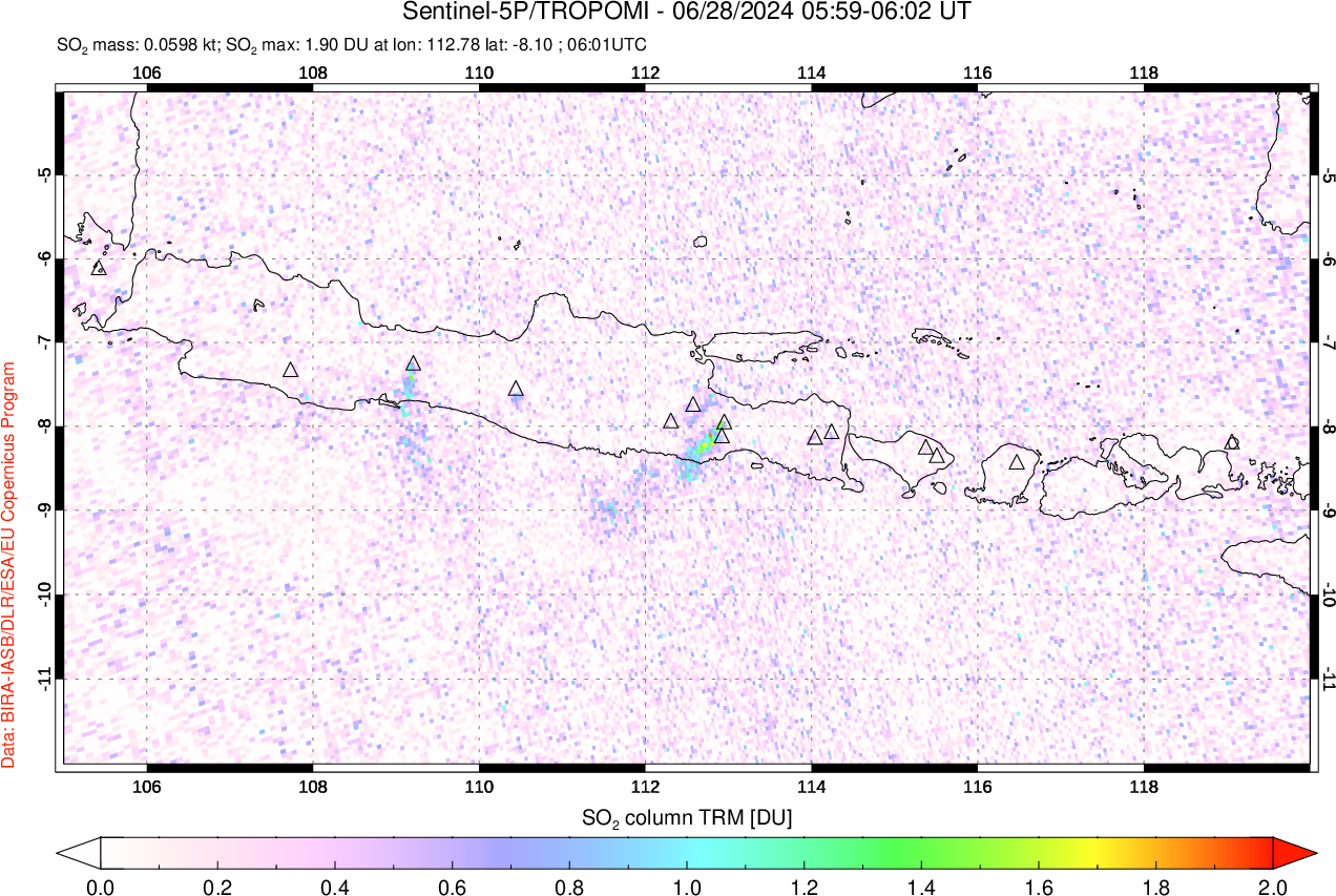 A sulfur dioxide image over Java, Indonesia on Jun 28, 2024.