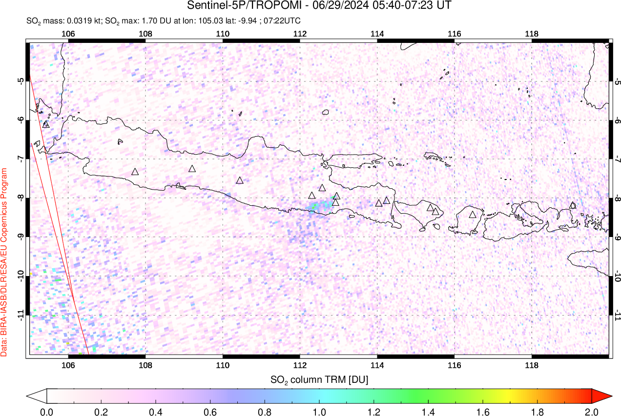 A sulfur dioxide image over Java, Indonesia on Jun 29, 2024.