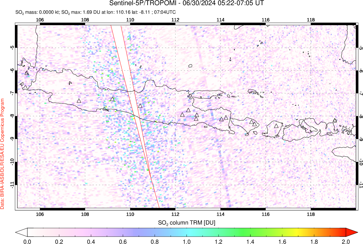 A sulfur dioxide image over Java, Indonesia on Jun 30, 2024.