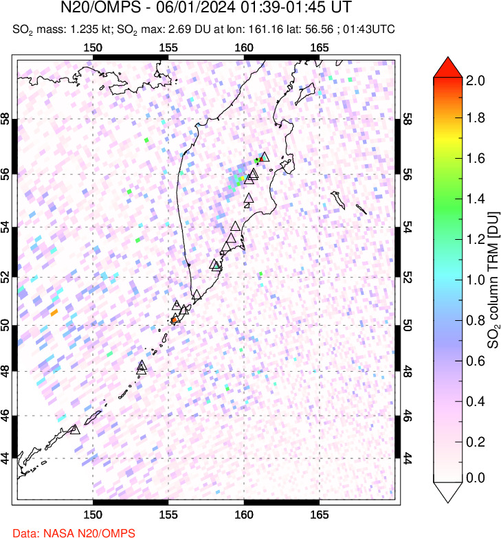 A sulfur dioxide image over Kamchatka, Russian Federation on Jun 01, 2024.