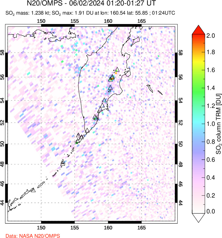 A sulfur dioxide image over Kamchatka, Russian Federation on Jun 02, 2024.