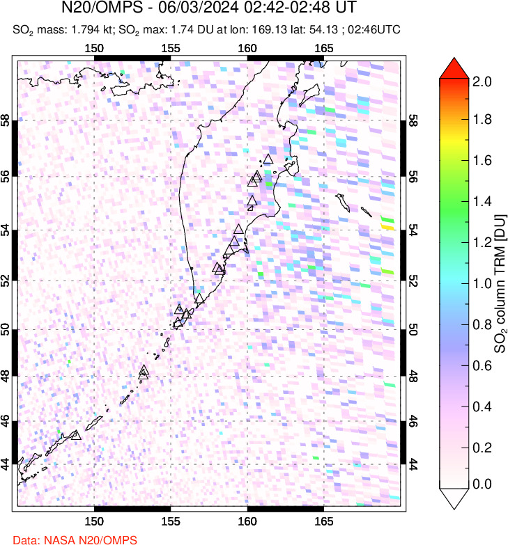 A sulfur dioxide image over Kamchatka, Russian Federation on Jun 03, 2024.