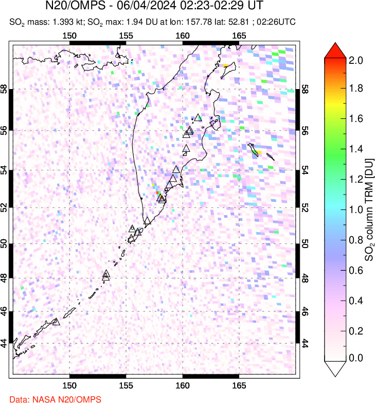 A sulfur dioxide image over Kamchatka, Russian Federation on Jun 04, 2024.