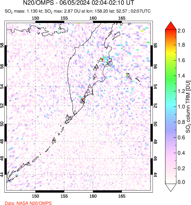 A sulfur dioxide image over Kamchatka, Russian Federation on Jun 05, 2024.