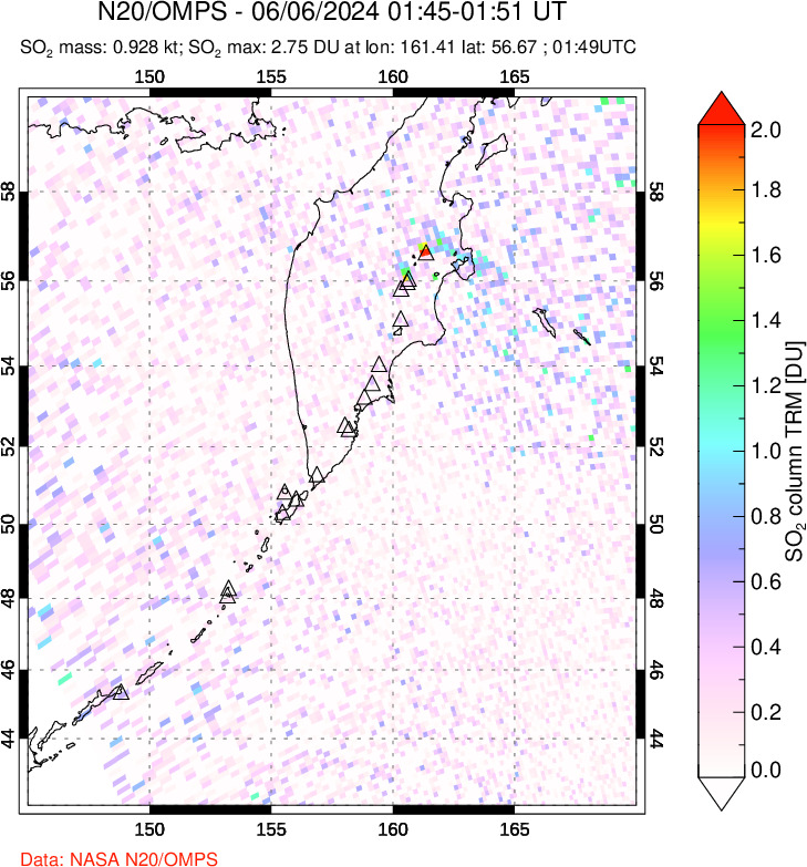 A sulfur dioxide image over Kamchatka, Russian Federation on Jun 06, 2024.