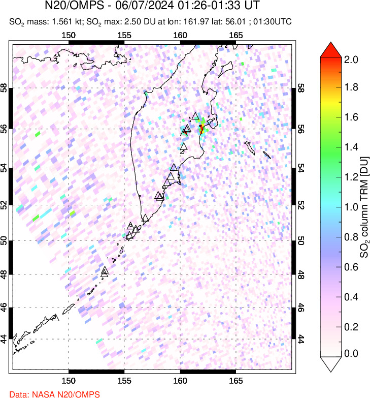 A sulfur dioxide image over Kamchatka, Russian Federation on Jun 07, 2024.