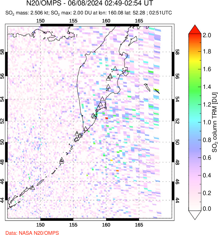 A sulfur dioxide image over Kamchatka, Russian Federation on Jun 08, 2024.