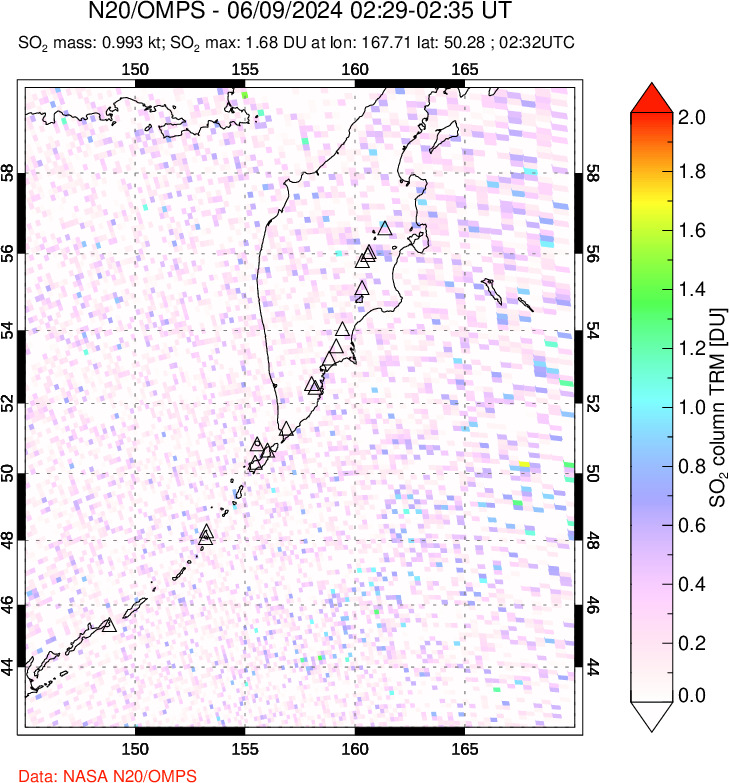 A sulfur dioxide image over Kamchatka, Russian Federation on Jun 09, 2024.