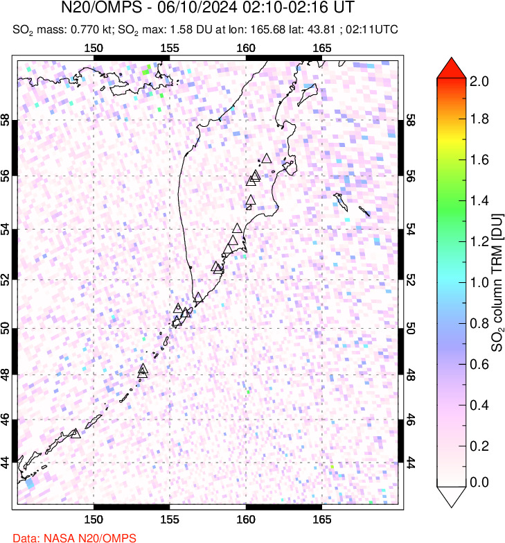 A sulfur dioxide image over Kamchatka, Russian Federation on Jun 10, 2024.