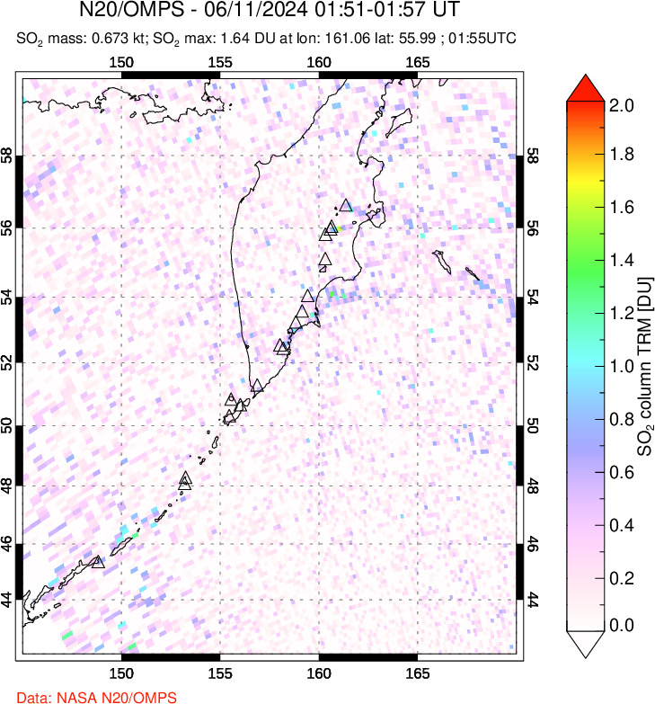 A sulfur dioxide image over Kamchatka, Russian Federation on Jun 11, 2024.