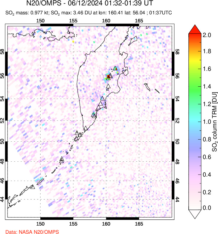 A sulfur dioxide image over Kamchatka, Russian Federation on Jun 12, 2024.