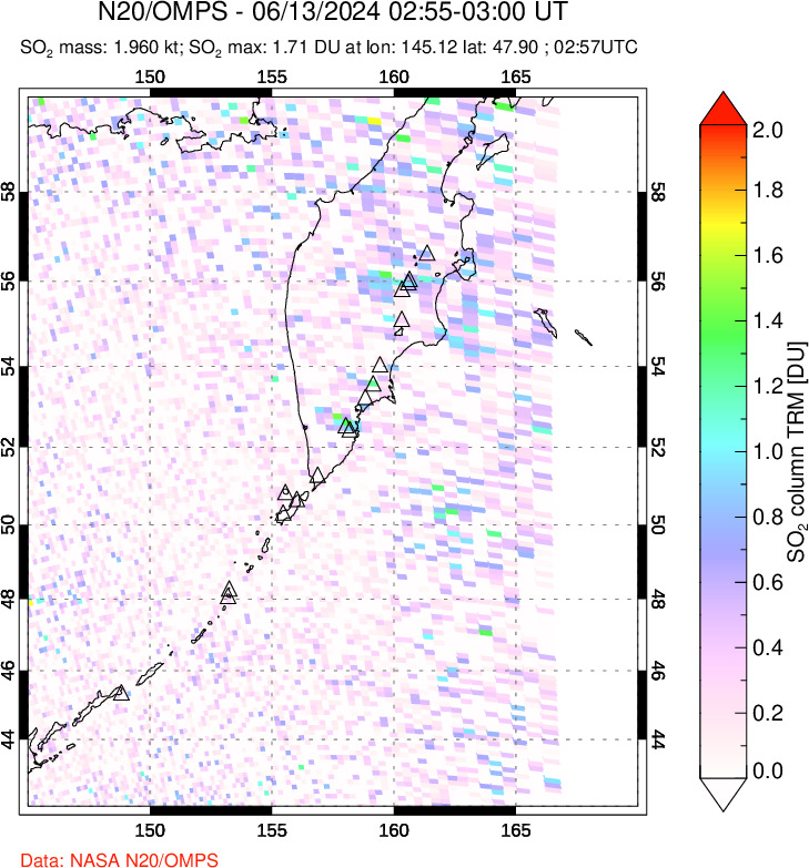 A sulfur dioxide image over Kamchatka, Russian Federation on Jun 13, 2024.