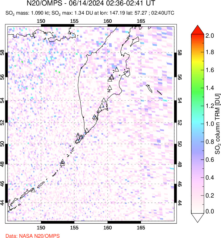 A sulfur dioxide image over Kamchatka, Russian Federation on Jun 14, 2024.