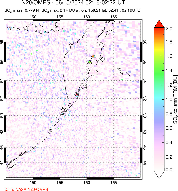 A sulfur dioxide image over Kamchatka, Russian Federation on Jun 15, 2024.