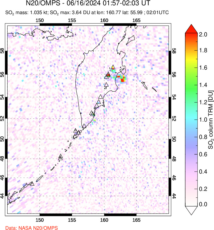 A sulfur dioxide image over Kamchatka, Russian Federation on Jun 16, 2024.