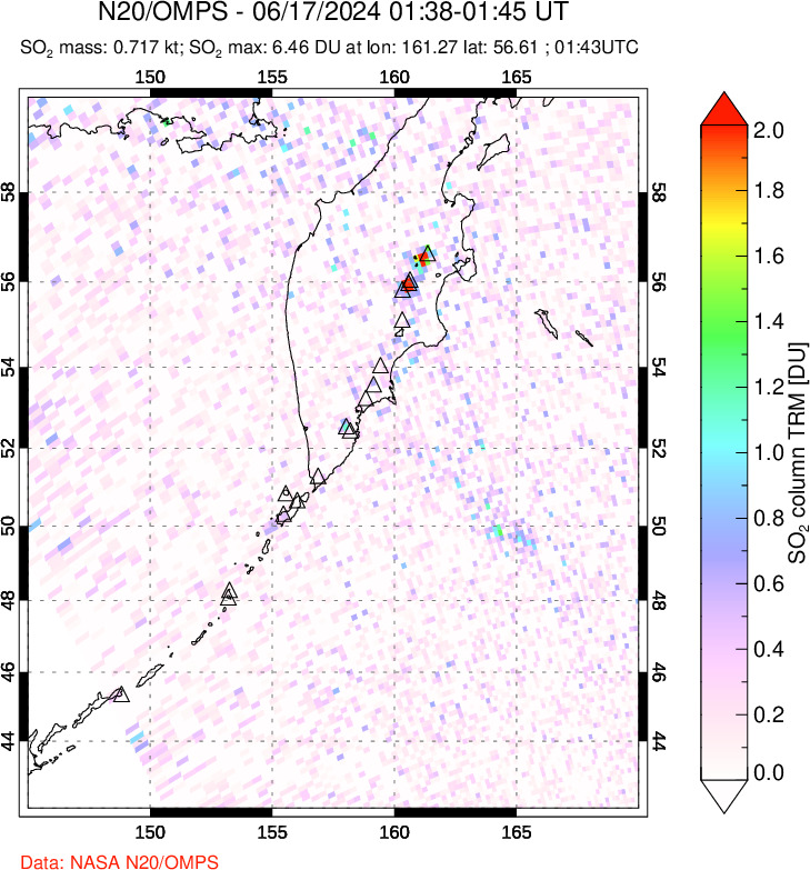 A sulfur dioxide image over Kamchatka, Russian Federation on Jun 17, 2024.