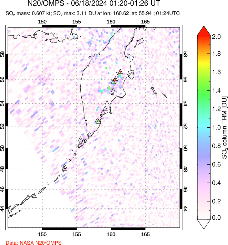 A sulfur dioxide image over Kamchatka, Russian Federation on Jun 18, 2024.