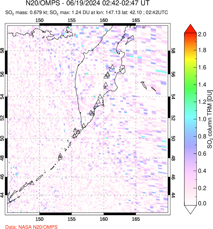 A sulfur dioxide image over Kamchatka, Russian Federation on Jun 19, 2024.