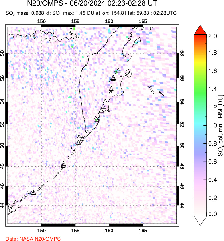 A sulfur dioxide image over Kamchatka, Russian Federation on Jun 20, 2024.