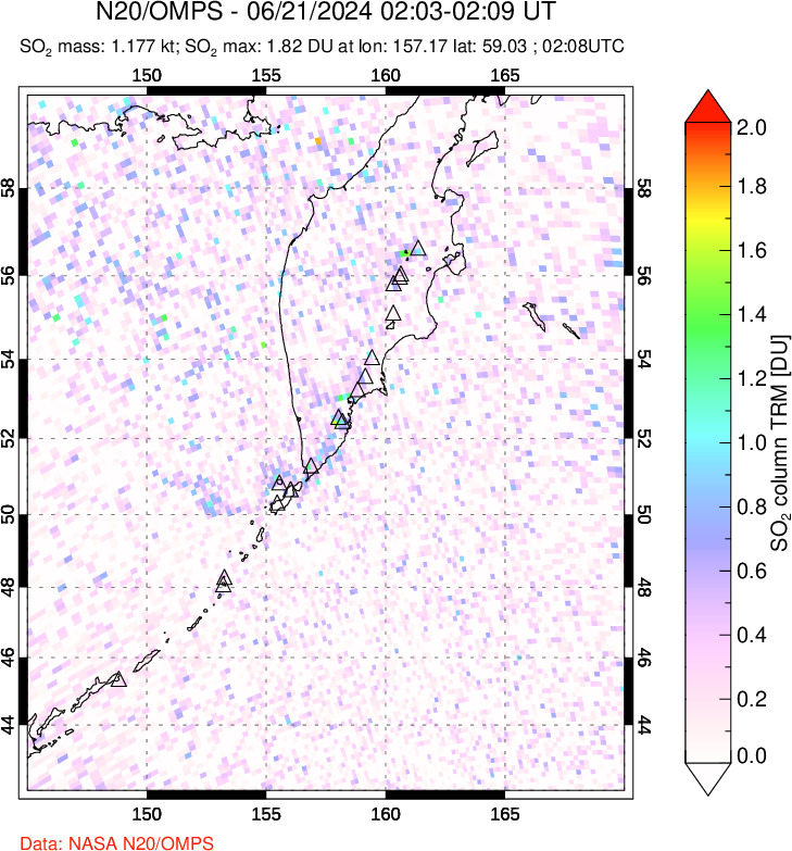 A sulfur dioxide image over Kamchatka, Russian Federation on Jun 21, 2024.