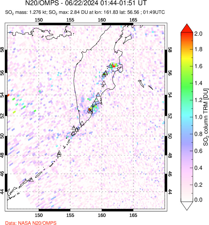 A sulfur dioxide image over Kamchatka, Russian Federation on Jun 22, 2024.