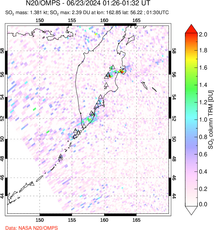 A sulfur dioxide image over Kamchatka, Russian Federation on Jun 23, 2024.