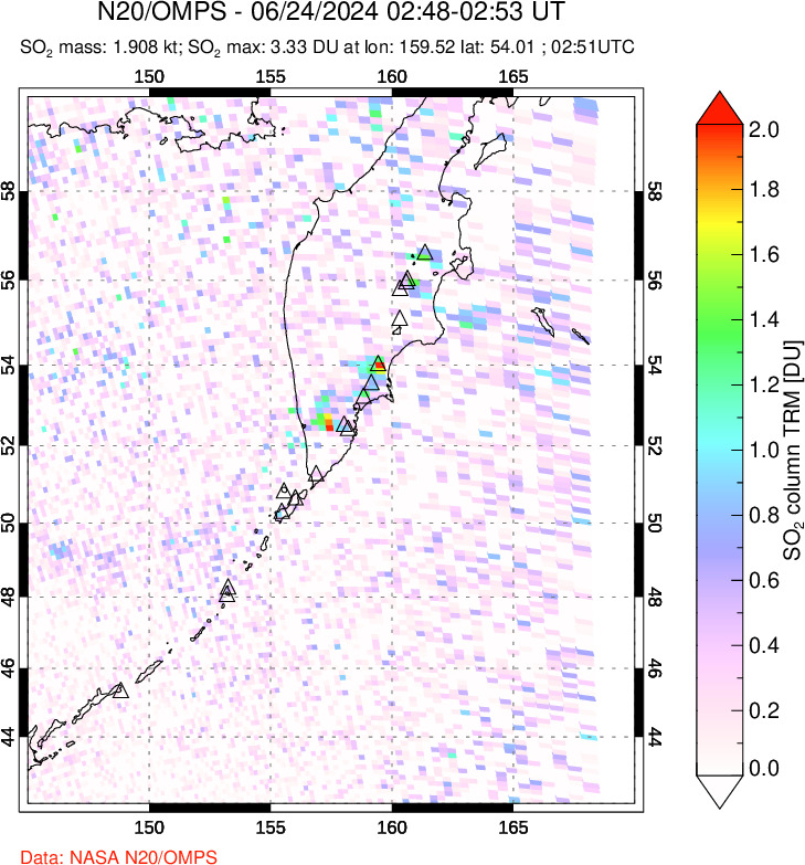 A sulfur dioxide image over Kamchatka, Russian Federation on Jun 24, 2024.