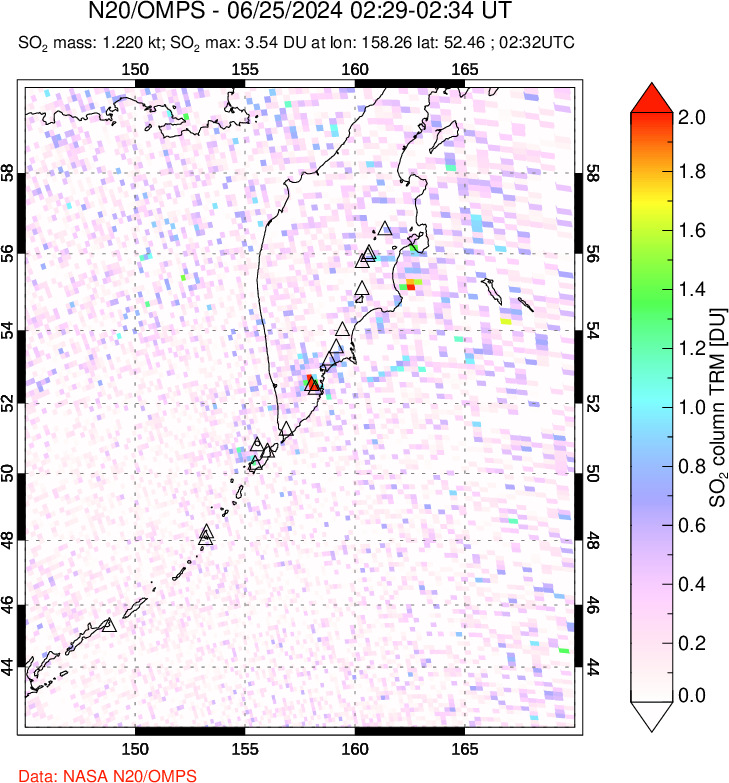 A sulfur dioxide image over Kamchatka, Russian Federation on Jun 25, 2024.