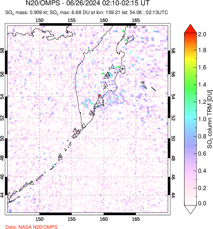 A sulfur dioxide image over Kamchatka, Russian Federation on Jun 26, 2024.