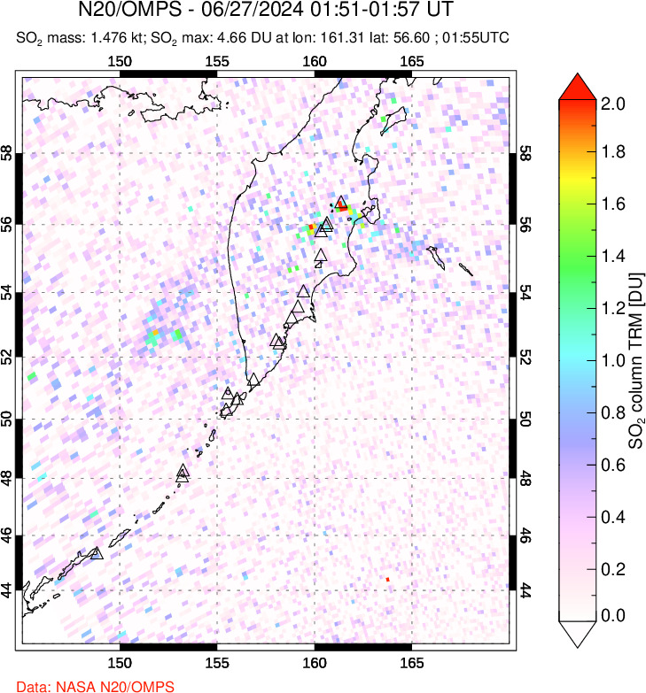 A sulfur dioxide image over Kamchatka, Russian Federation on Jun 27, 2024.