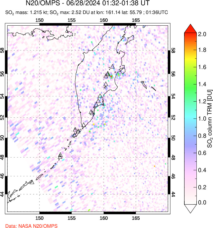 A sulfur dioxide image over Kamchatka, Russian Federation on Jun 28, 2024.