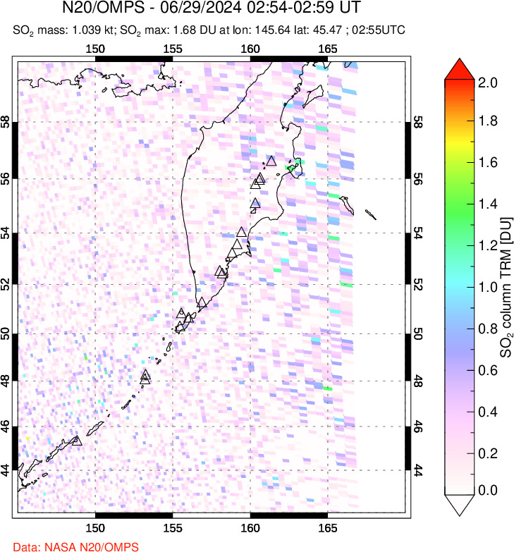 A sulfur dioxide image over Kamchatka, Russian Federation on Jun 29, 2024.