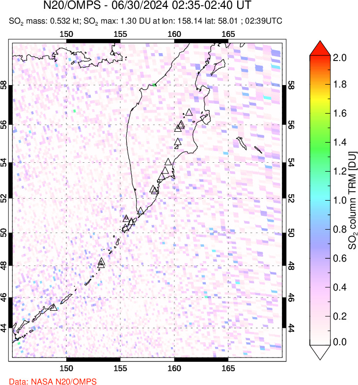 A sulfur dioxide image over Kamchatka, Russian Federation on Jun 30, 2024.