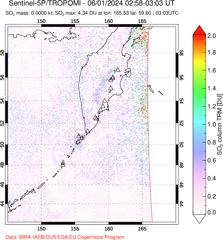 A sulfur dioxide image over Kamchatka, Russian Federation on Jun 01, 2024.