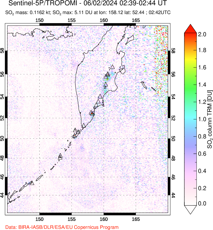 A sulfur dioxide image over Kamchatka, Russian Federation on Jun 02, 2024.