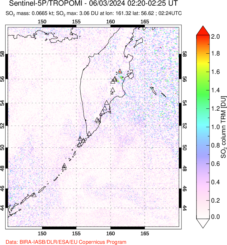 A sulfur dioxide image over Kamchatka, Russian Federation on Jun 03, 2024.