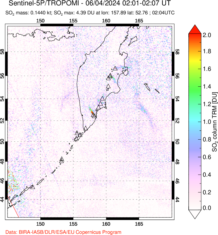 A sulfur dioxide image over Kamchatka, Russian Federation on Jun 04, 2024.