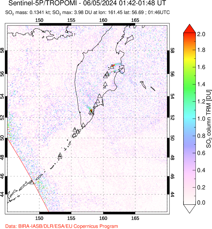 A sulfur dioxide image over Kamchatka, Russian Federation on Jun 05, 2024.