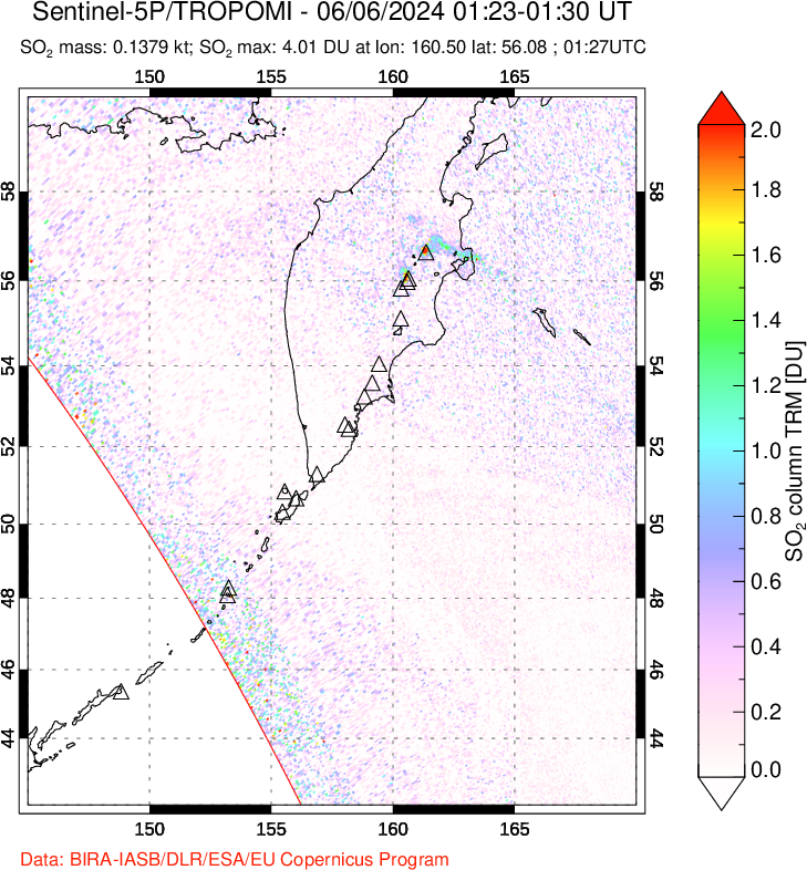 A sulfur dioxide image over Kamchatka, Russian Federation on Jun 06, 2024.