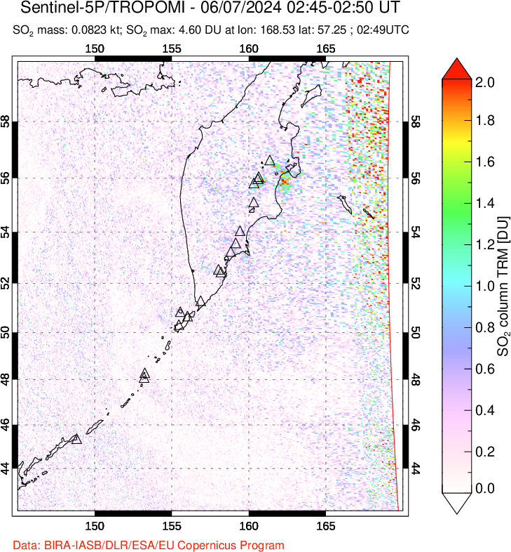 A sulfur dioxide image over Kamchatka, Russian Federation on Jun 07, 2024.