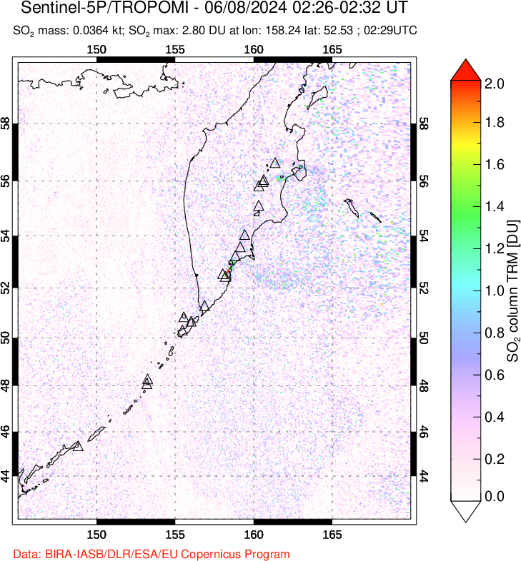 A sulfur dioxide image over Kamchatka, Russian Federation on Jun 08, 2024.