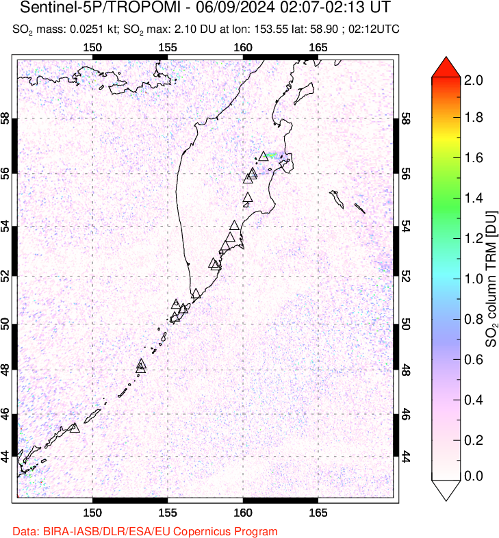 A sulfur dioxide image over Kamchatka, Russian Federation on Jun 09, 2024.