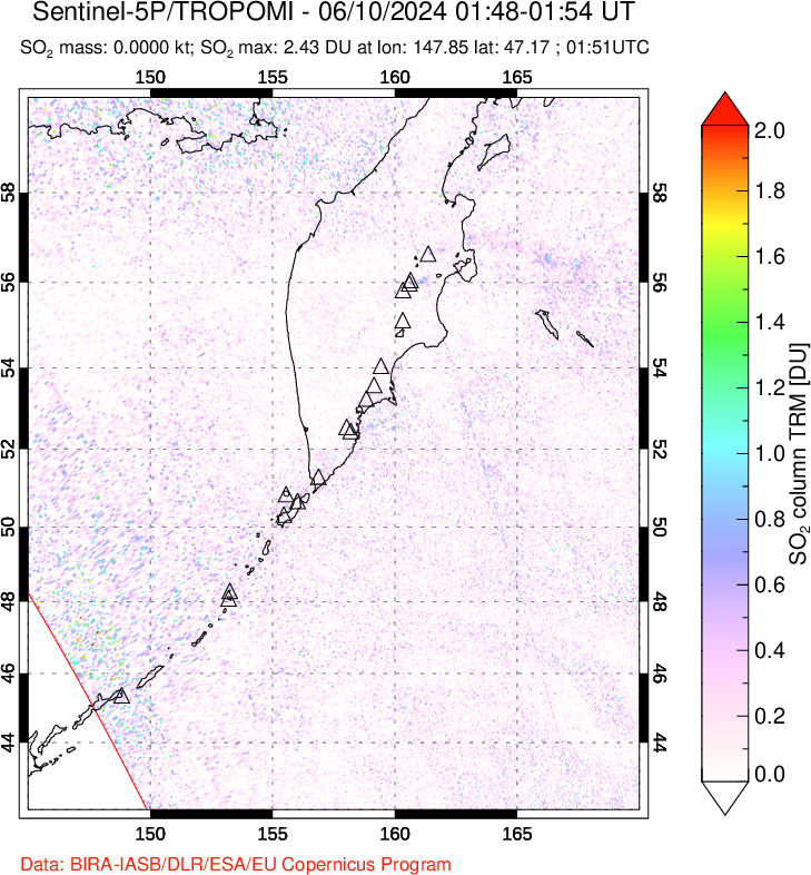 A sulfur dioxide image over Kamchatka, Russian Federation on Jun 10, 2024.